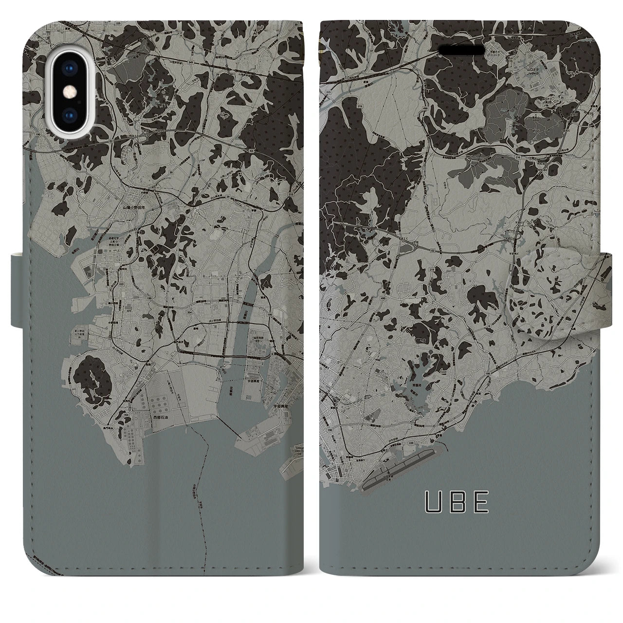 【宇部(山口県)】地図柄iPhoneケース(手帳タイプ)モノトーン・iPhone XS Max 用