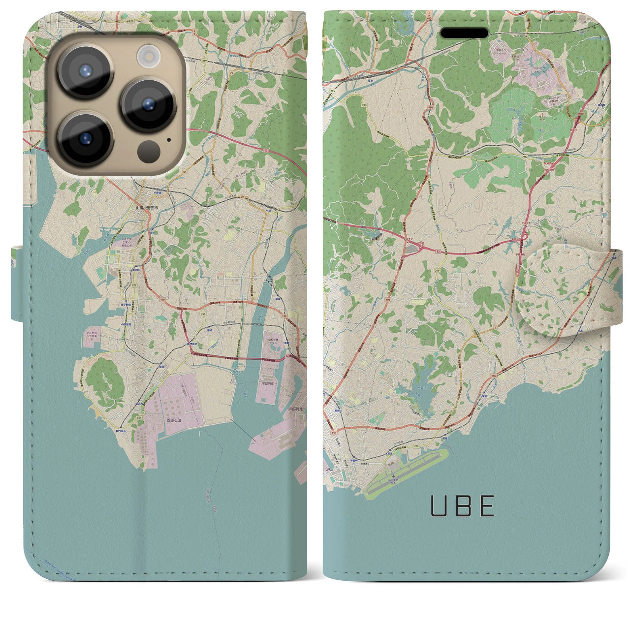 【宇部(山口県)】地図柄iPhoneケース(手帳タイプ)ナチュラル・iPhone 14 Pro Max 用