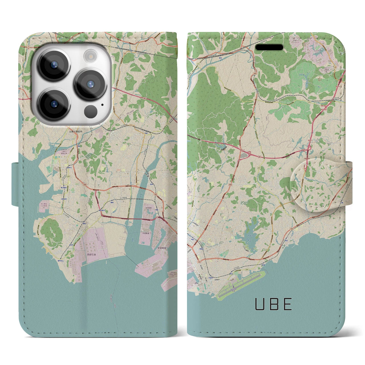 【宇部(山口県)】地図柄iPhoneケース(手帳タイプ)ナチュラル・iPhone 14 Pro 用