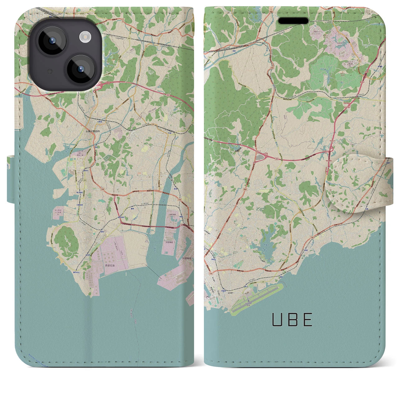 【宇部(山口県)】地図柄iPhoneケース(手帳タイプ)ナチュラル・iPhone 14 Plus 用