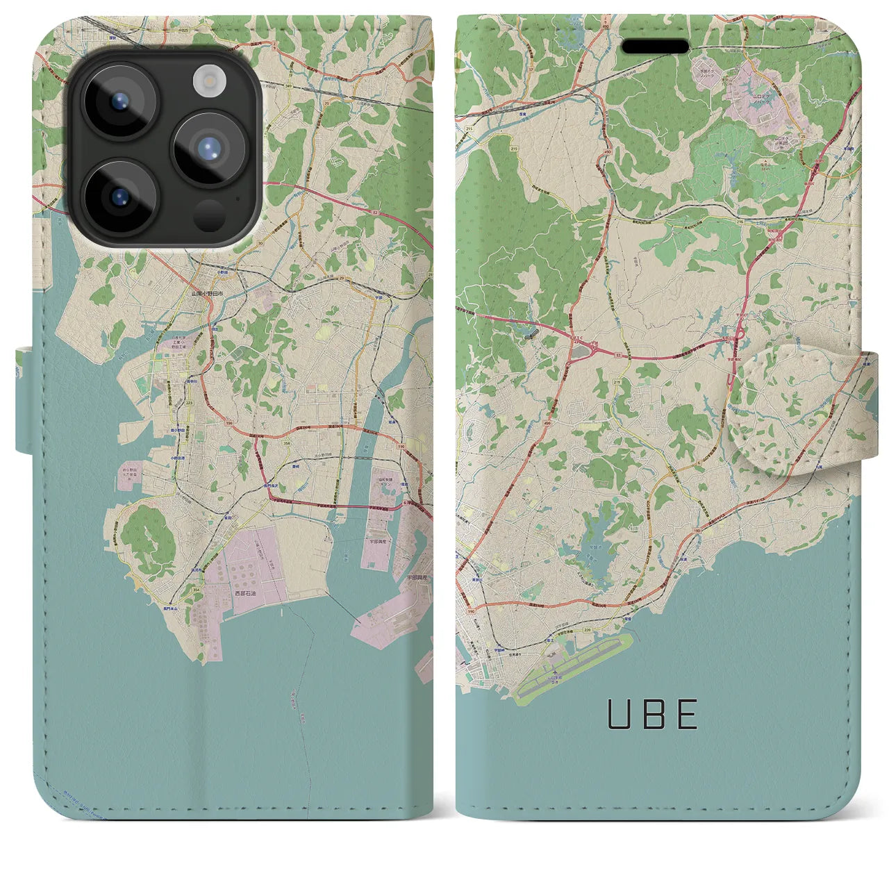 【宇部(山口県)】地図柄iPhoneケース(手帳タイプ)ナチュラル・iPhone 15 Pro Max 用