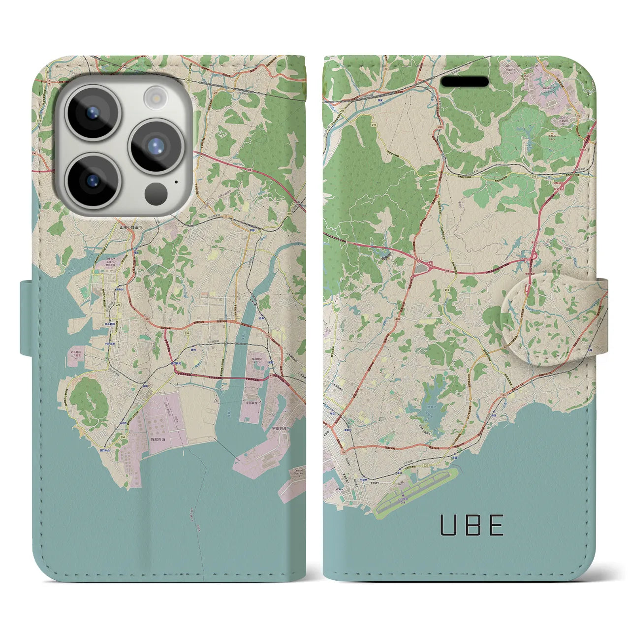 【宇部(山口県)】地図柄iPhoneケース(手帳タイプ)ナチュラル・iPhone 15 Pro 用