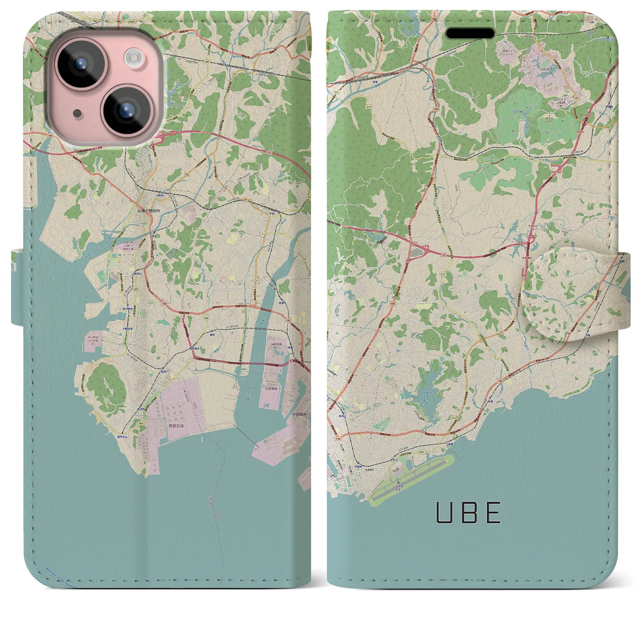 【宇部(山口県)】地図柄iPhoneケース(手帳タイプ)ナチュラル・iPhone 15 Plus 用