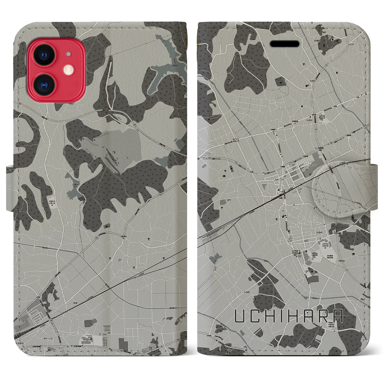 【内原(茨城県)】地図柄iPhoneケース(手帳タイプ)モノトーン・iPhone 11 用