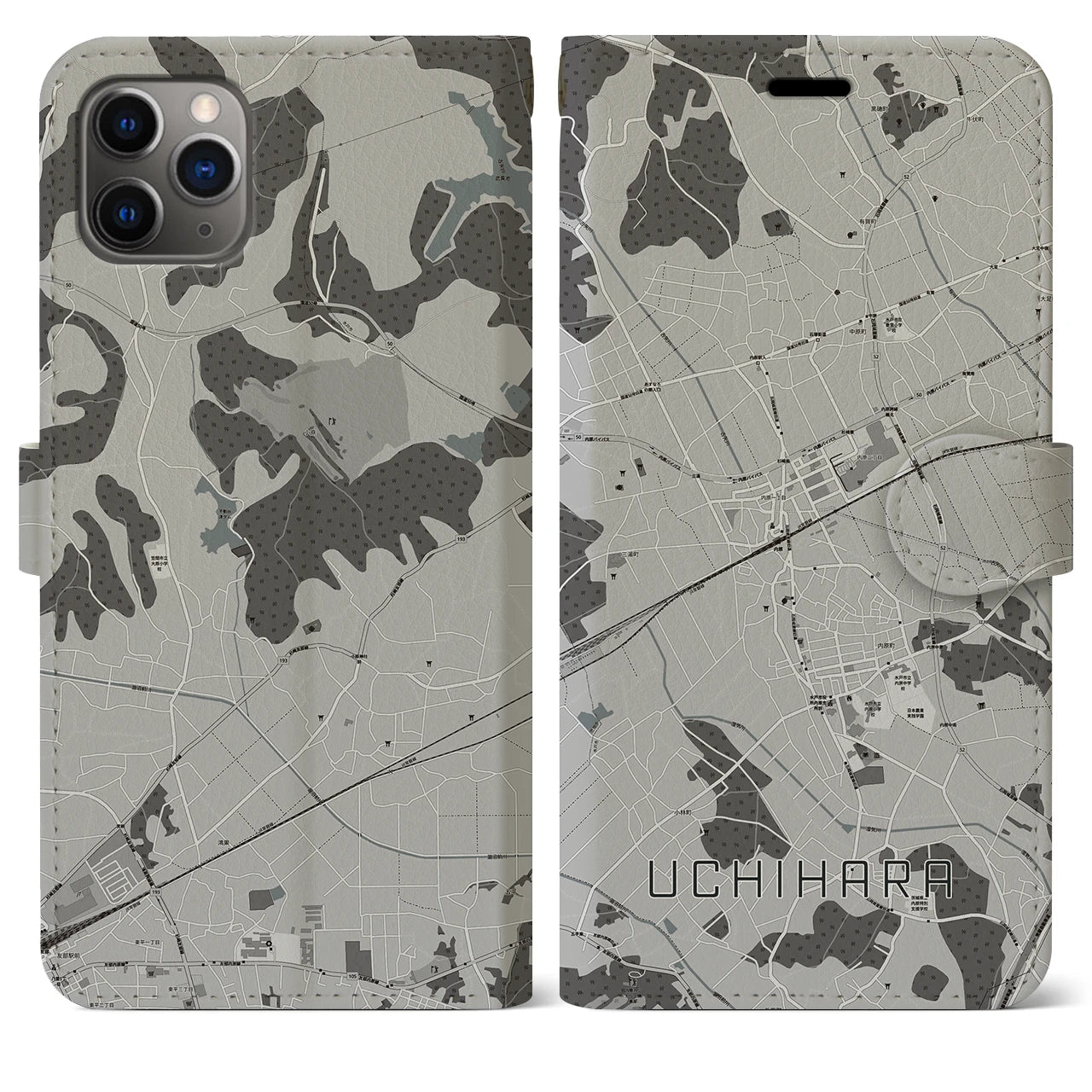 【内原(茨城県)】地図柄iPhoneケース(手帳タイプ)モノトーン・iPhone 11 Pro Max 用