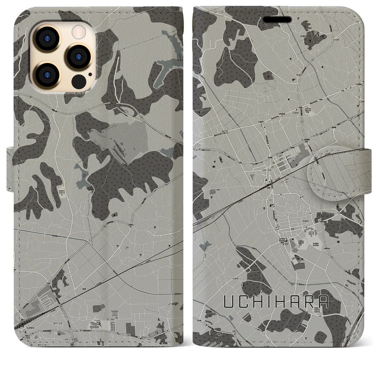 【内原(茨城県)】地図柄iPhoneケース(手帳タイプ)モノトーン・iPhone 12 Pro Max 用