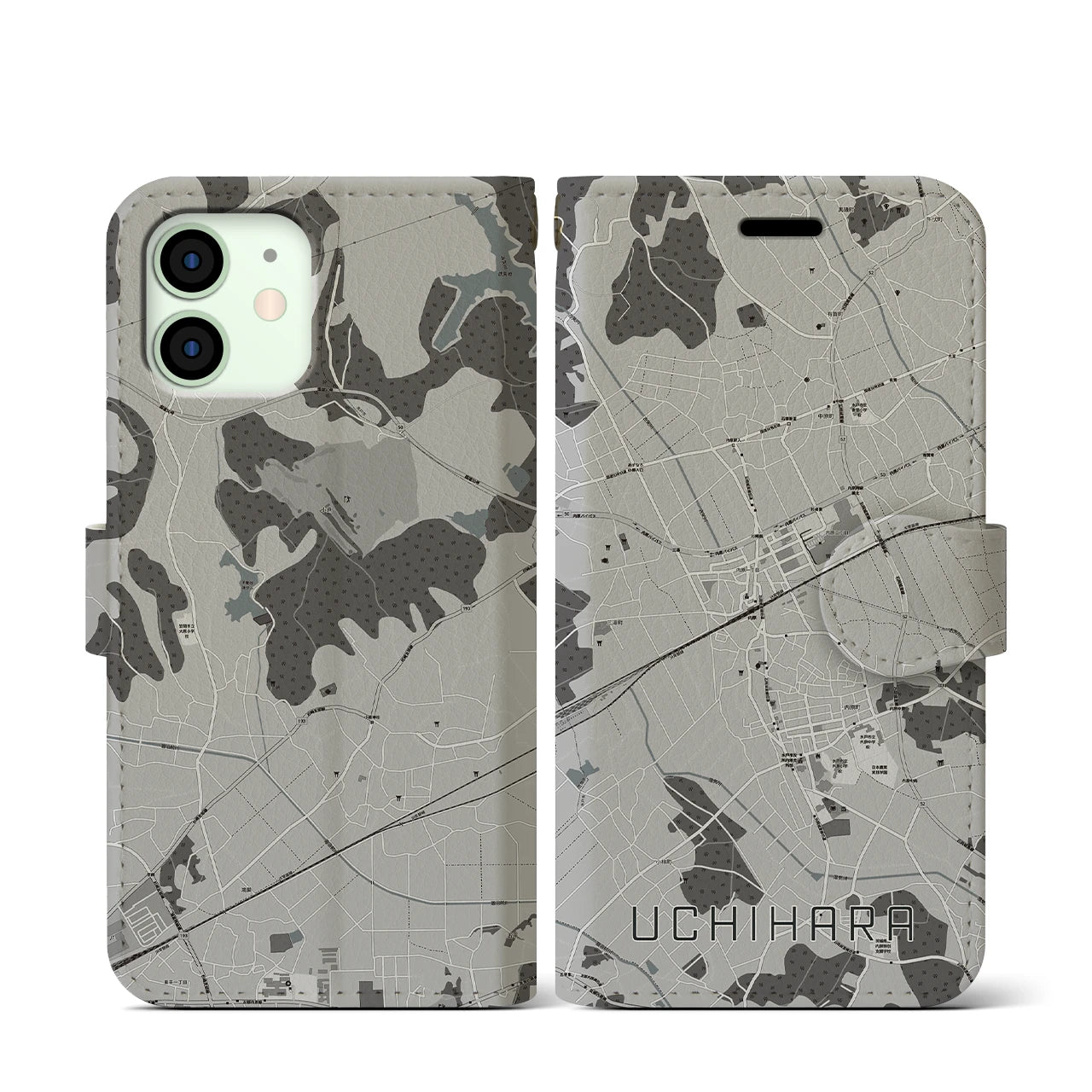 【内原(茨城県)】地図柄iPhoneケース(手帳タイプ)モノトーン・iPhone 12 mini 用