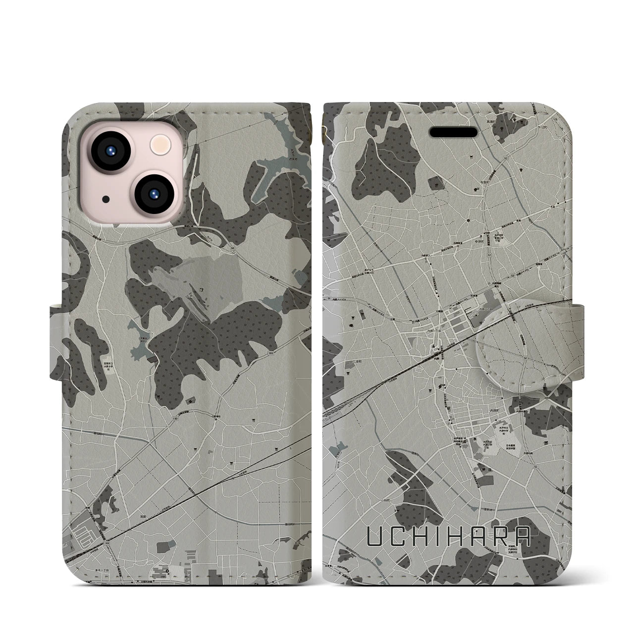 【内原(茨城県)】地図柄iPhoneケース(手帳タイプ)モノトーン・iPhone 13 mini 用