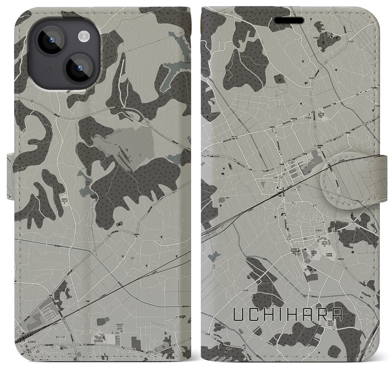 【内原(茨城県)】地図柄iPhoneケース(手帳タイプ)モノトーン・iPhone 14 Plus 用