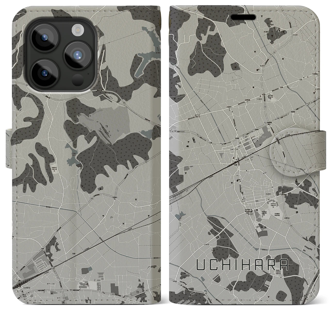【内原(茨城県)】地図柄iPhoneケース(手帳タイプ)モノトーン・iPhone 15 Pro Max 用