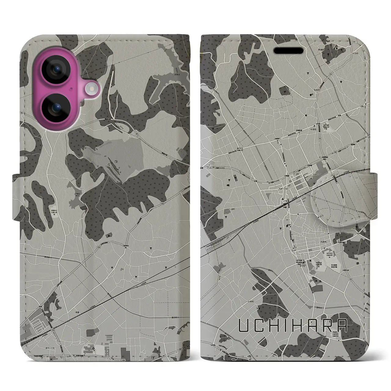 【内原(茨城県)】地図柄iPhoneケース(手帳タイプ)モノトーン・iPhone 16 Pro 用