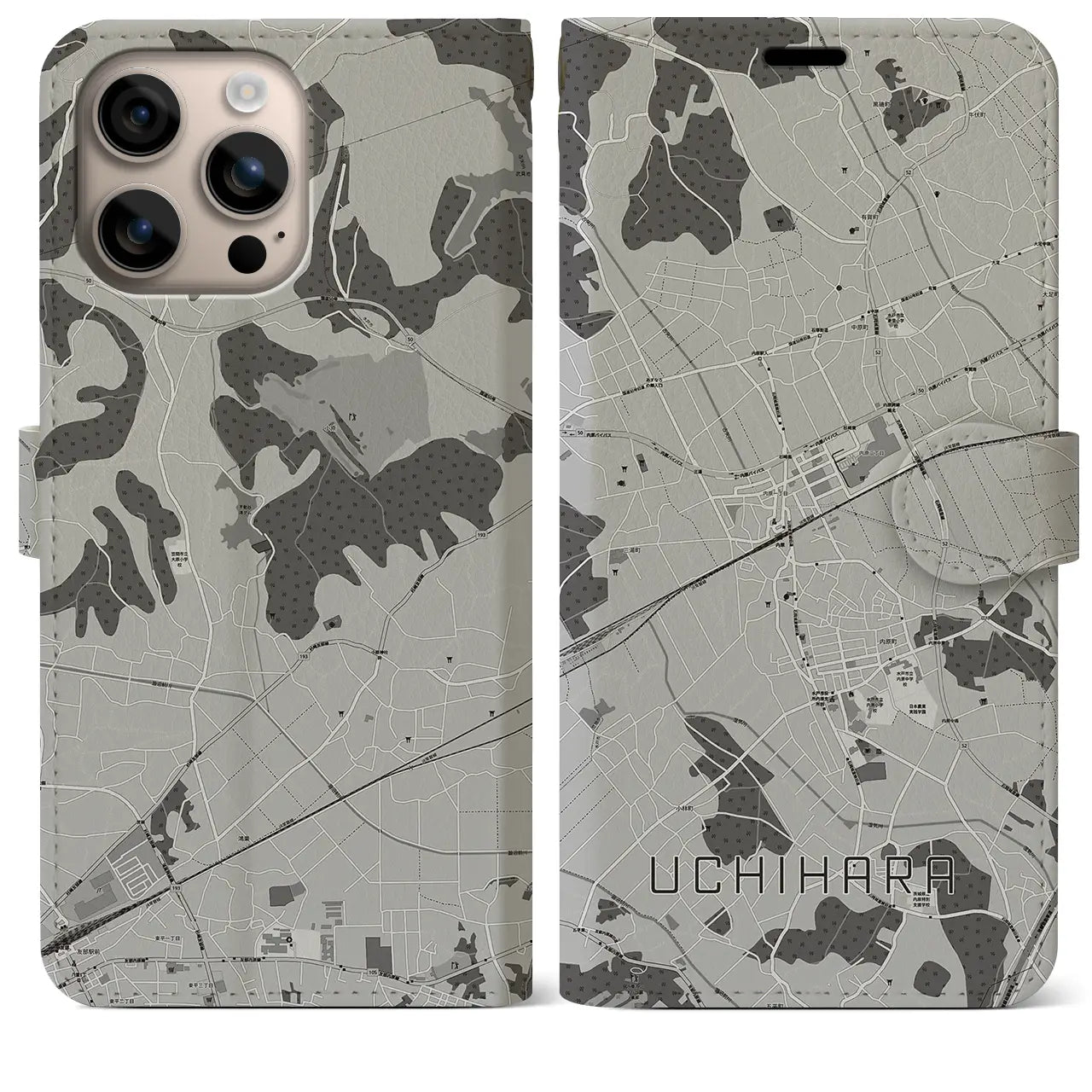 【内原(茨城県)】地図柄iPhoneケース(手帳タイプ)モノトーン・iPhone 16 Plus 用