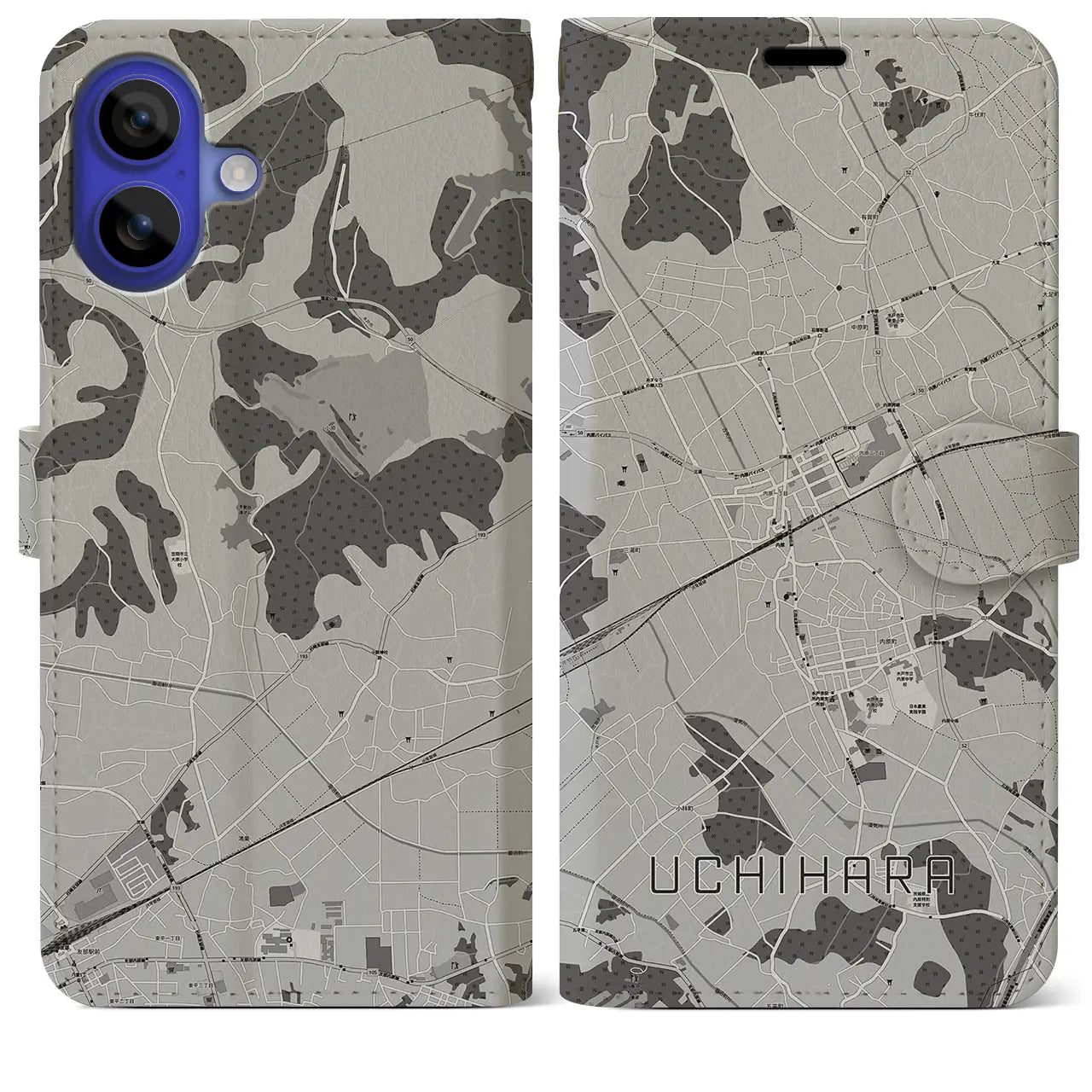 【内原(茨城県)】地図柄iPhoneケース(手帳タイプ)モノトーン・iPhone 16 Pro Max 用