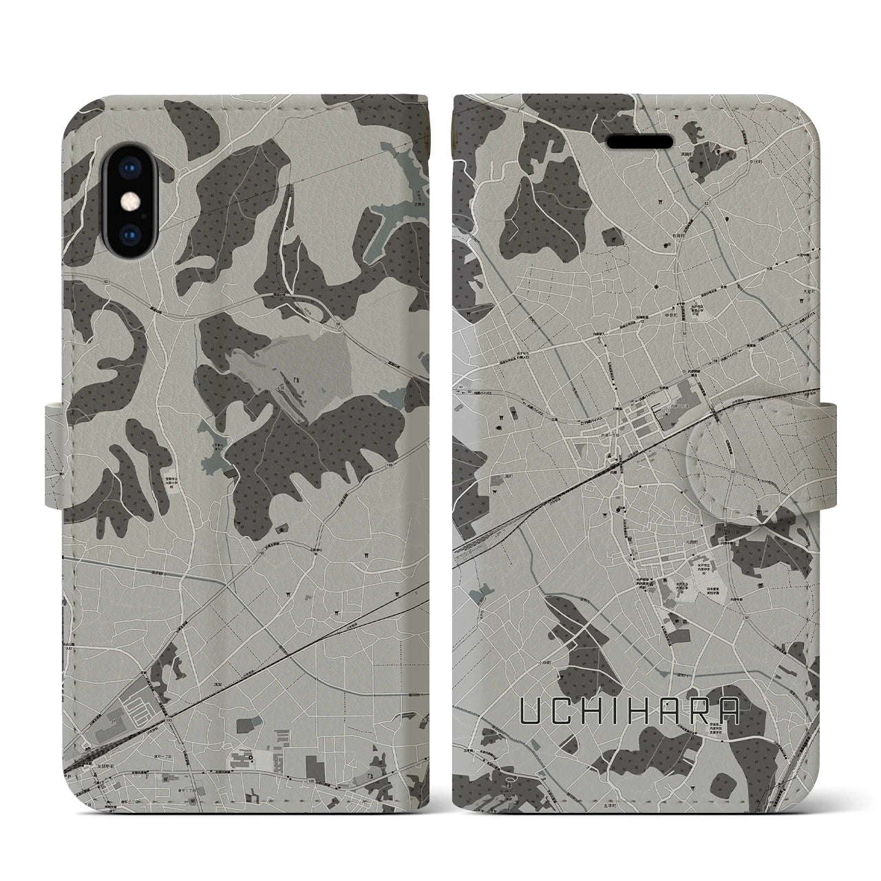 【内原(茨城県)】地図柄iPhoneケース(手帳タイプ)モノトーン・iPhone XS / X 用