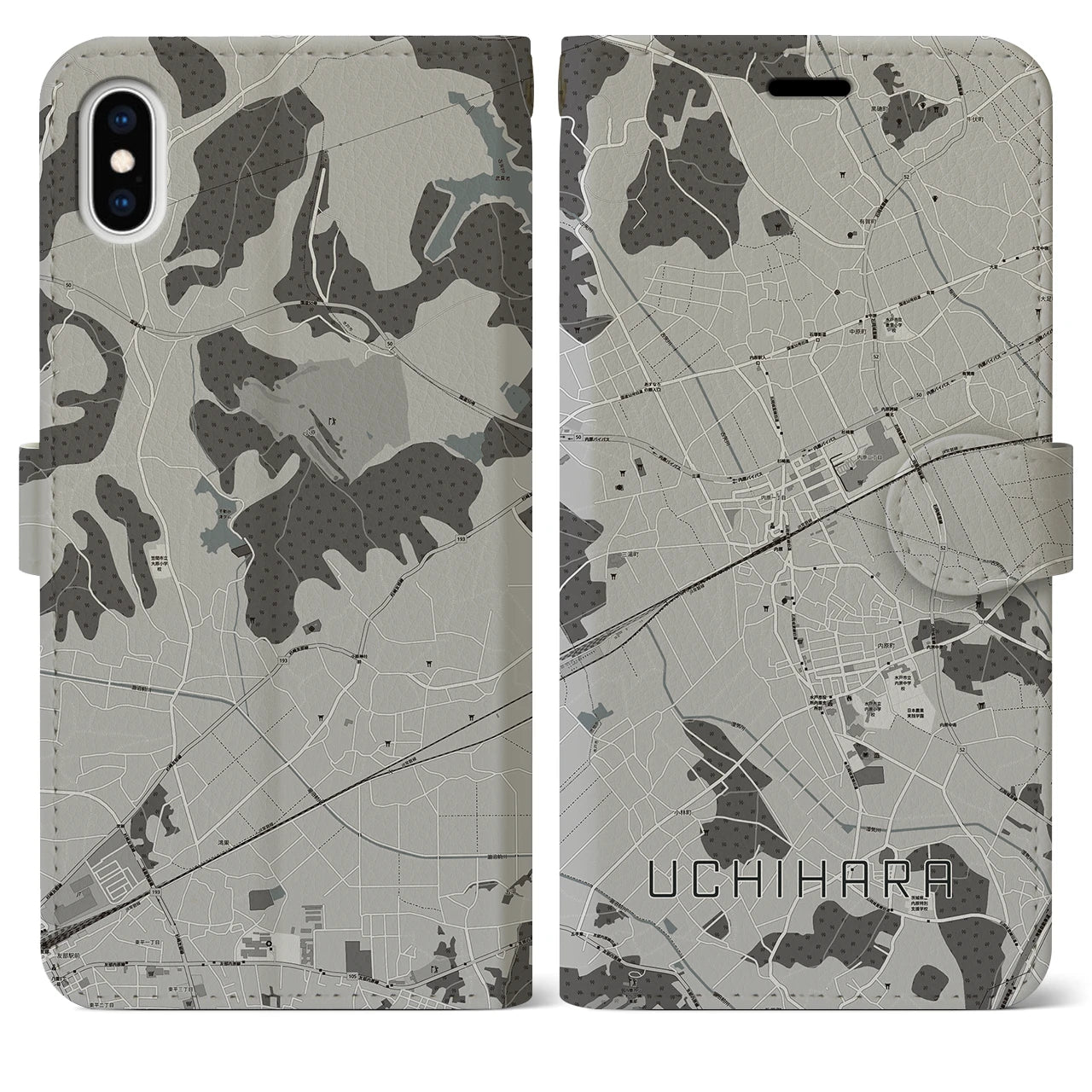 【内原(茨城県)】地図柄iPhoneケース(手帳タイプ)モノトーン・iPhone XS Max 用