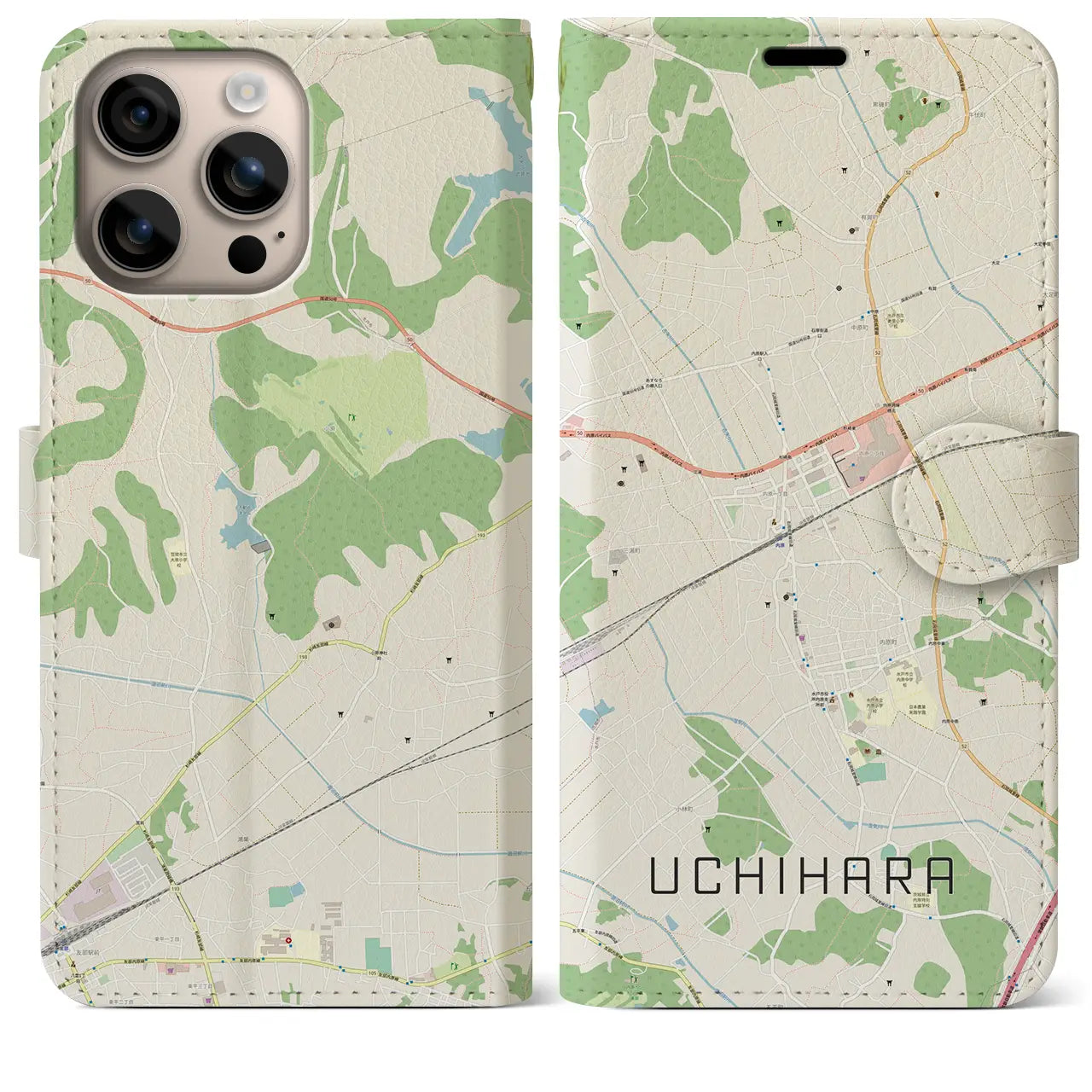 【内原(茨城県)】地図柄iPhoneケース(手帳タイプ)ナチュラル・iPhone 16 Plus 用