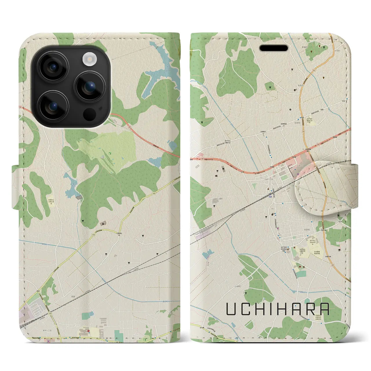 【内原(茨城県)】地図柄iPhoneケース(手帳タイプ)ナチュラル・iPhone 16 用