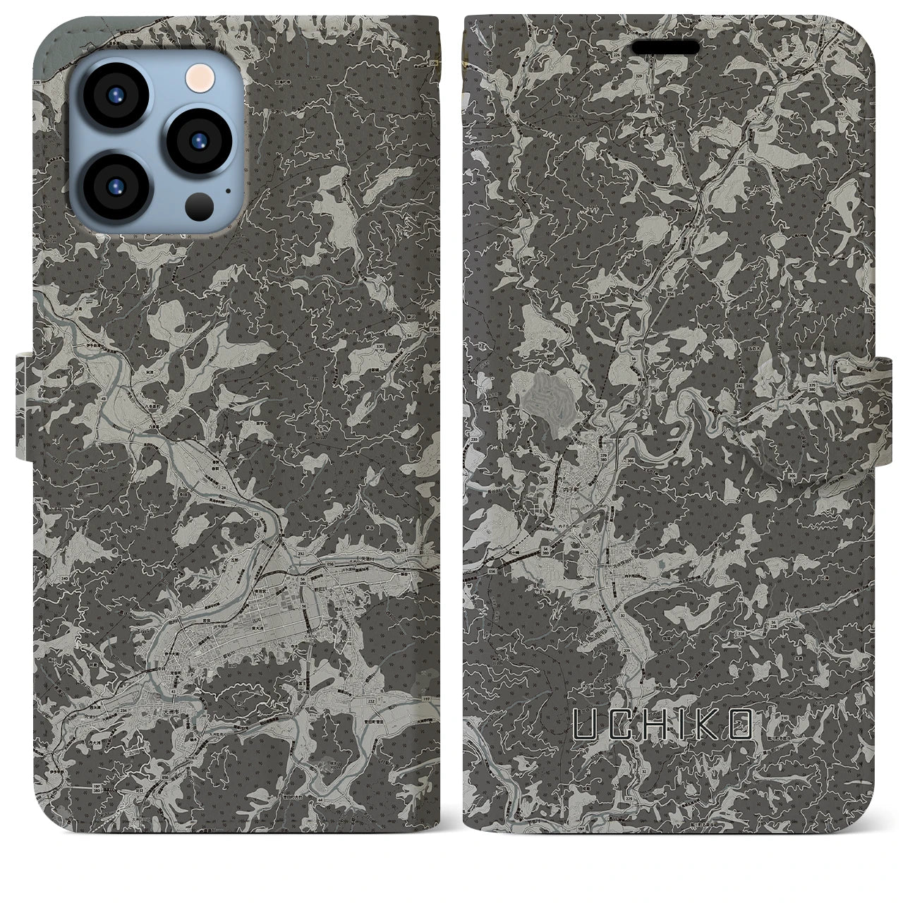 【内子(愛媛県)】地図柄iPhoneケース(手帳タイプ)モノトーン・iPhone 13 Pro Max 用