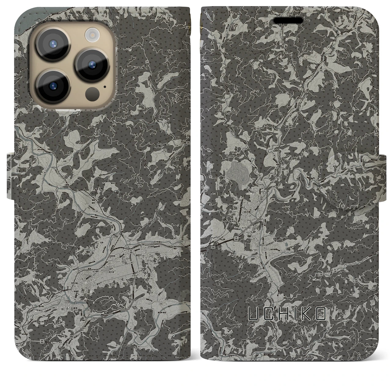 【内子(愛媛県)】地図柄iPhoneケース(手帳タイプ)モノトーン・iPhone 14 Pro Max 用