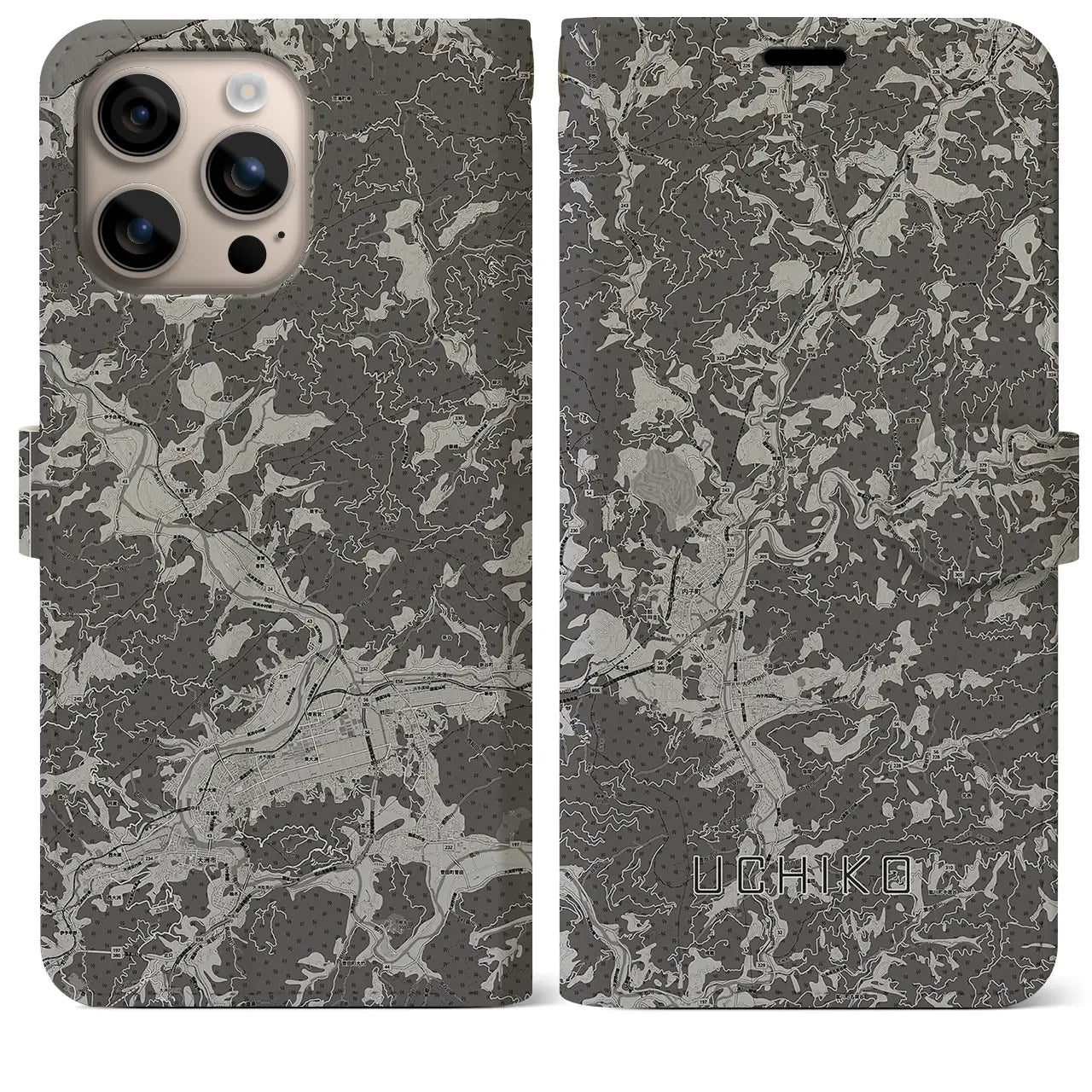【内子(愛媛県)】地図柄iPhoneケース(手帳タイプ)モノトーン・iPhone 16 Plus 用
