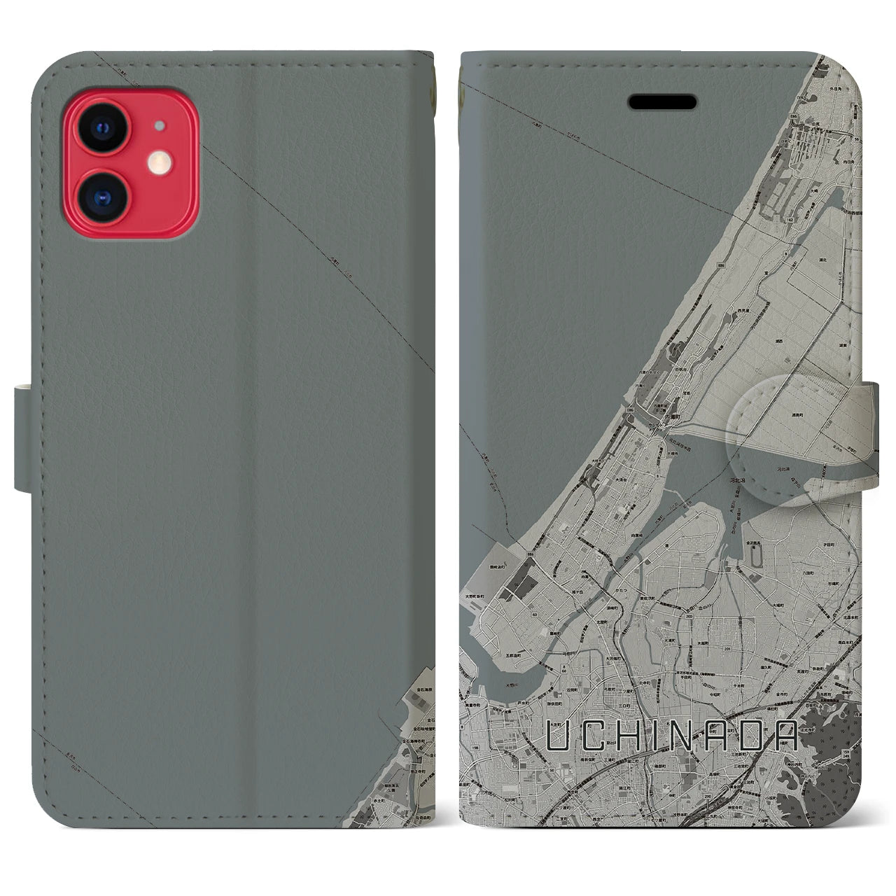 【内灘(石川県)】地図柄iPhoneケース(手帳タイプ)モノトーン・iPhone 11 用