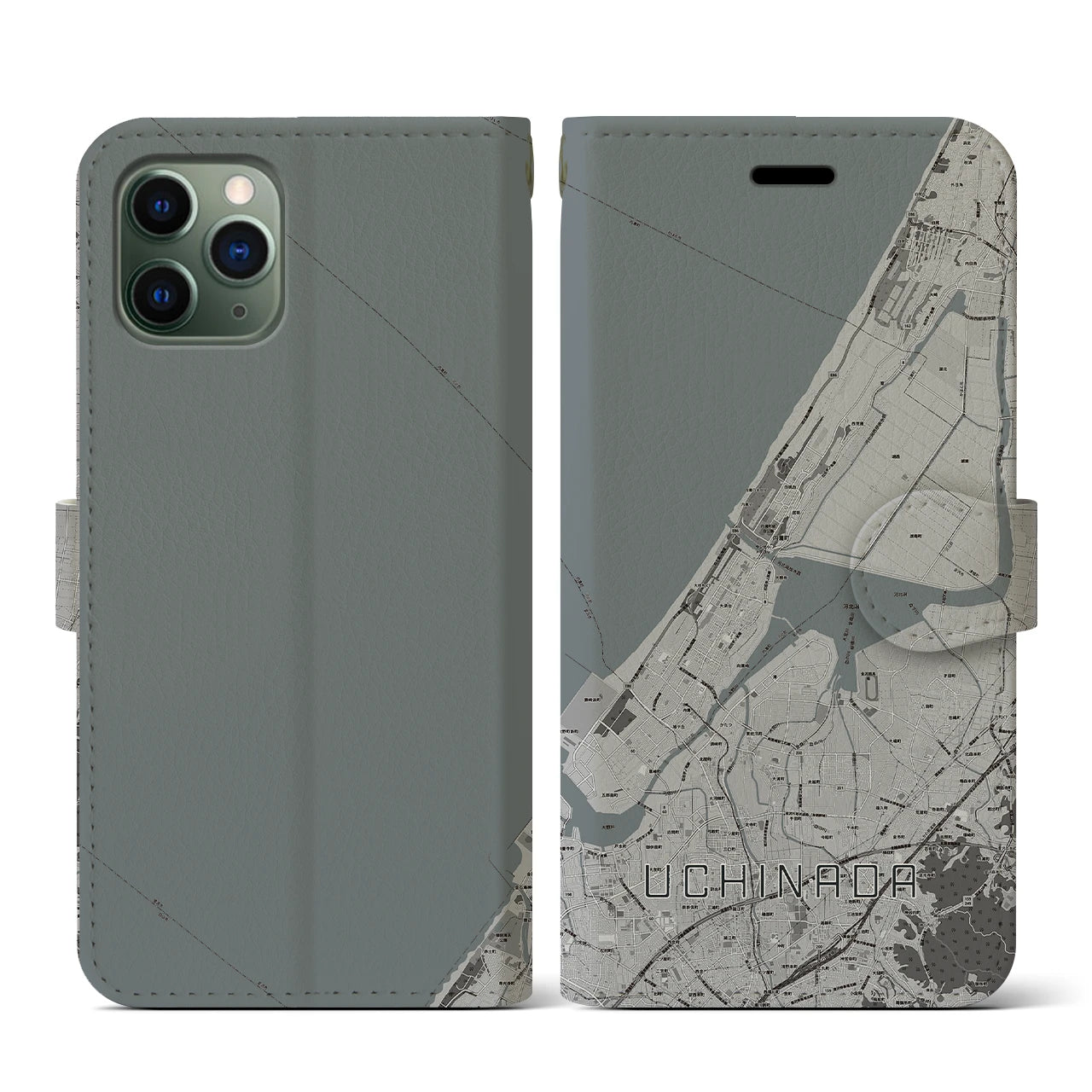 【内灘(石川県)】地図柄iPhoneケース(手帳タイプ)モノトーン・iPhone 11 Pro 用
