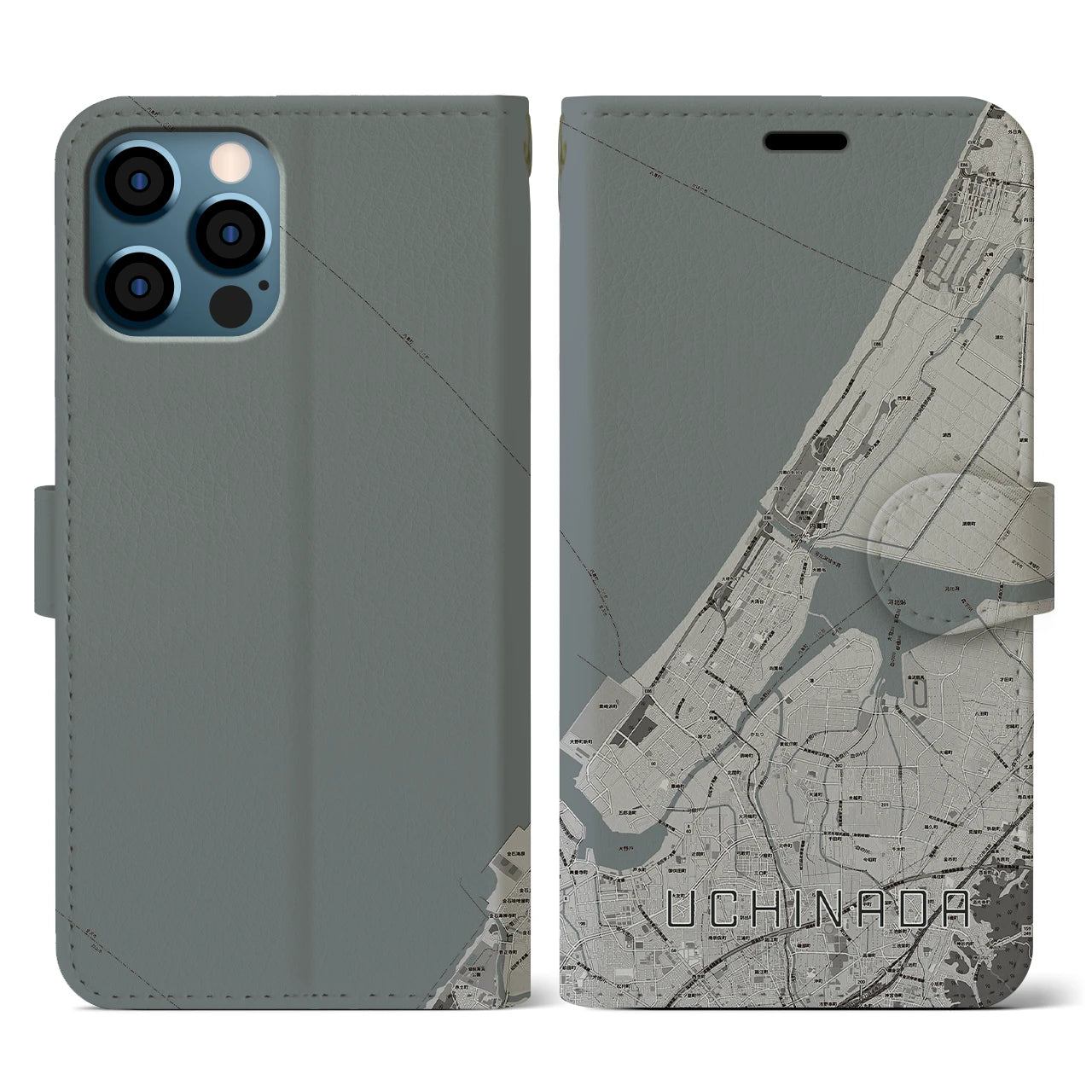 【内灘(石川県)】地図柄iPhoneケース(手帳タイプ)モノトーン・iPhone 12 / 12 Pro 用