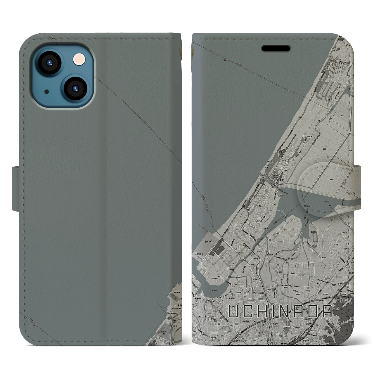 【内灘(石川県)】地図柄iPhoneケース(手帳タイプ)モノトーン・iPhone 13 用