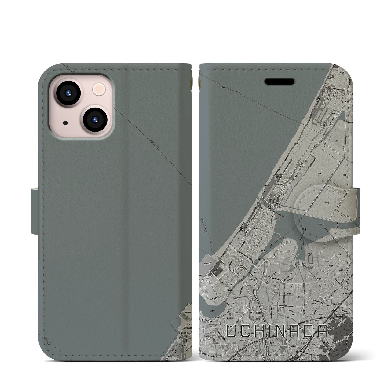 【内灘(石川県)】地図柄iPhoneケース(手帳タイプ)モノトーン・iPhone 13 mini 用