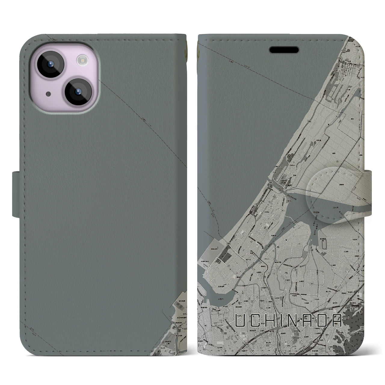 【内灘(石川県)】地図柄iPhoneケース(手帳タイプ)モノトーン・iPhone 14 用