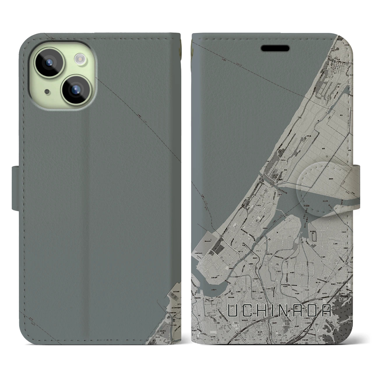 【内灘(石川県)】地図柄iPhoneケース(手帳タイプ)モノトーン・iPhone 15 用