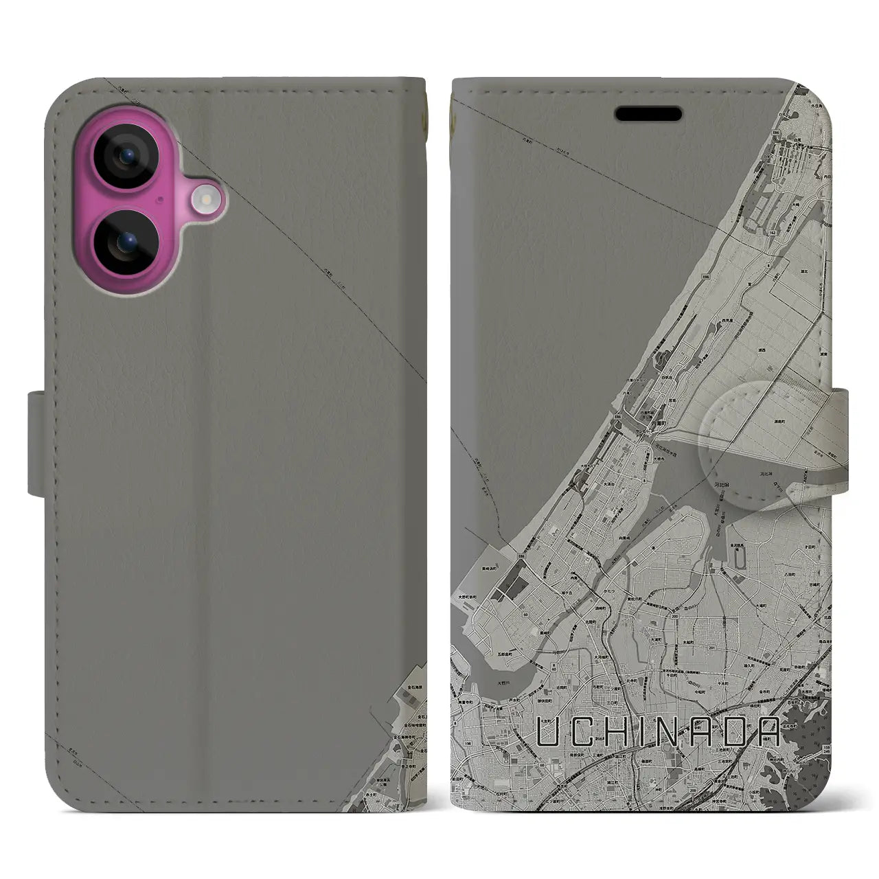 【内灘(石川県)】地図柄iPhoneケース(手帳タイプ)モノトーン・iPhone 16 Pro 用