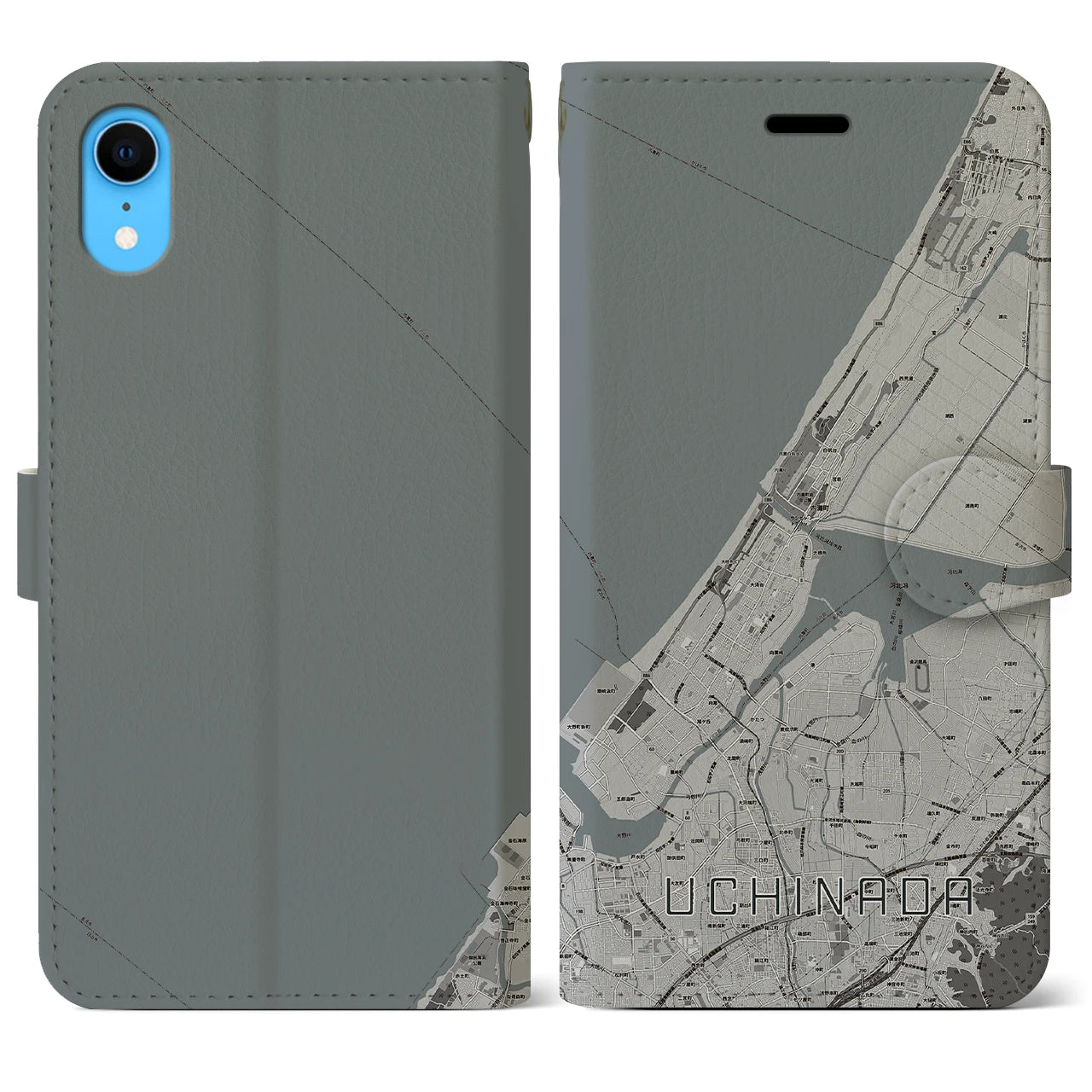【内灘(石川県)】地図柄iPhoneケース(手帳タイプ)モノトーン・iPhone XR 用