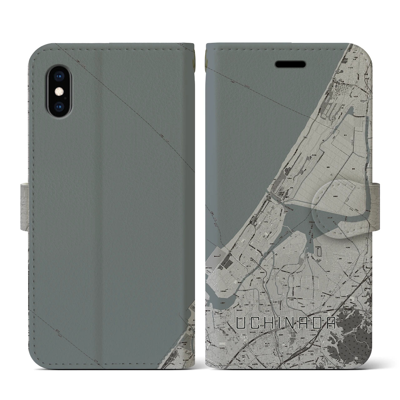 【内灘(石川県)】地図柄iPhoneケース(手帳タイプ)モノトーン・iPhone XS / X 用