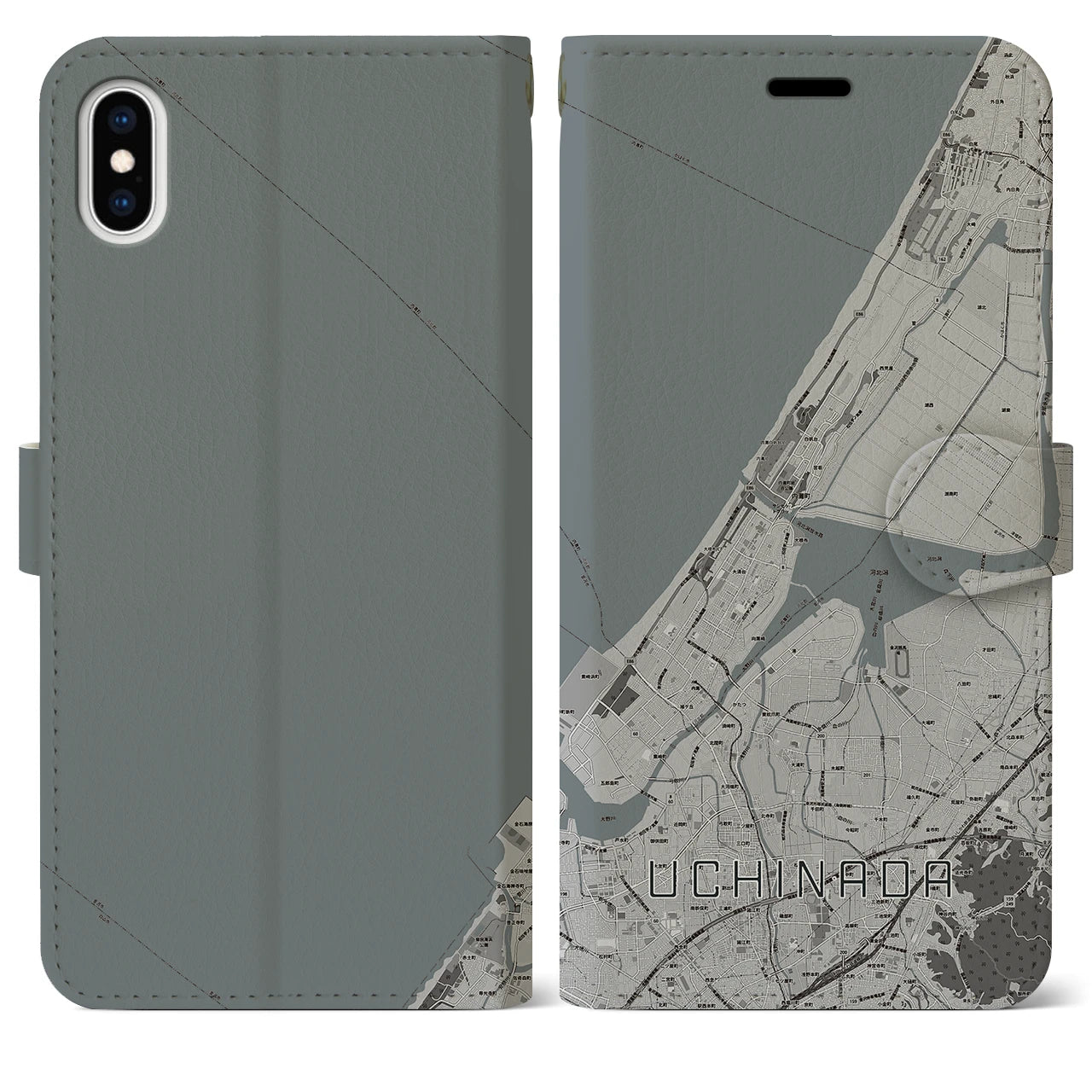 【内灘(石川県)】地図柄iPhoneケース(手帳タイプ)モノトーン・iPhone XS Max 用