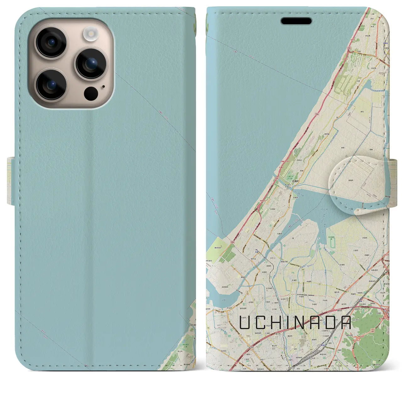 【内灘(石川県)】地図柄iPhoneケース(手帳タイプ)ナチュラル・iPhone 16 Plus 用