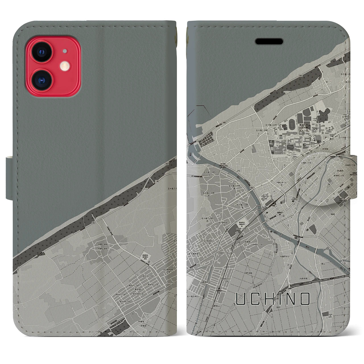 【内野(新潟県)】地図柄iPhoneケース(手帳タイプ)モノトーン・iPhone 11 用