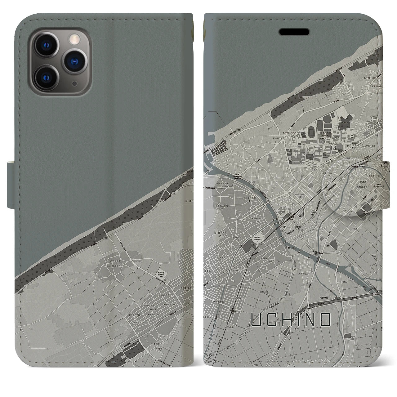 【内野(新潟県)】地図柄iPhoneケース(手帳タイプ)モノトーン・iPhone 11 Pro Max 用