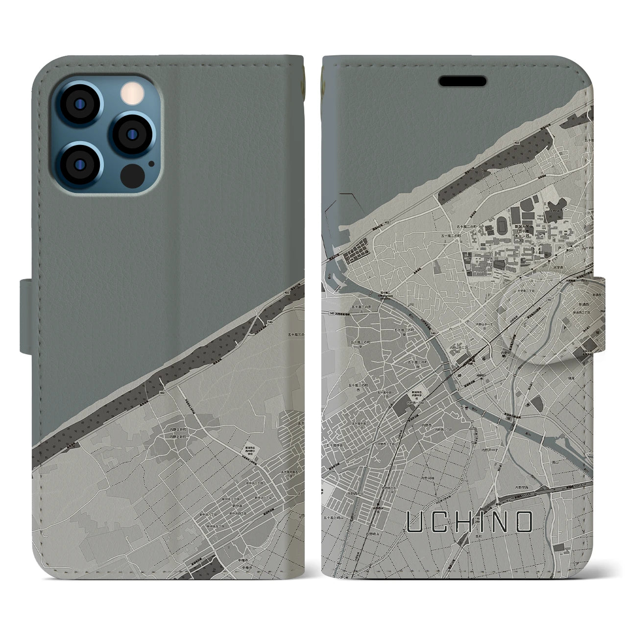 【内野(新潟県)】地図柄iPhoneケース(手帳タイプ)モノトーン・iPhone 12 / 12 Pro 用