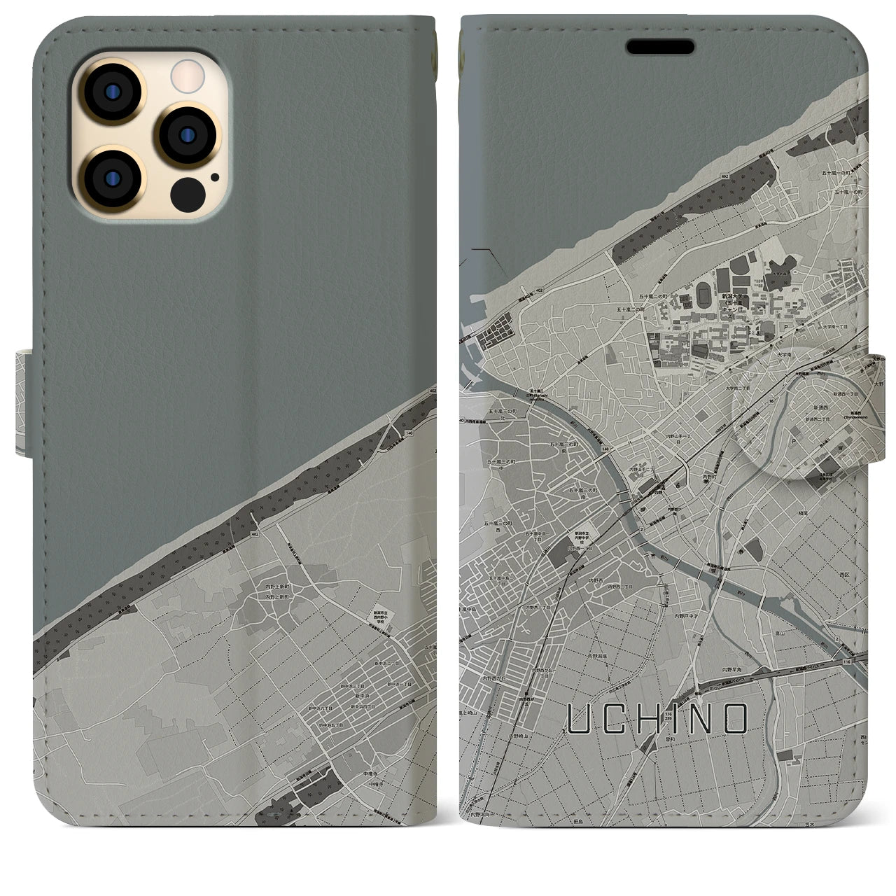 【内野(新潟県)】地図柄iPhoneケース(手帳タイプ)モノトーン・iPhone 12 Pro Max 用