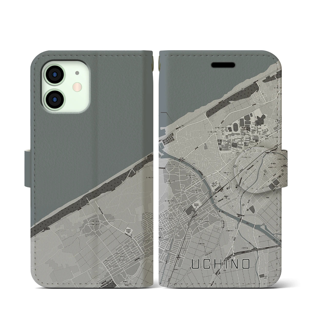 【内野(新潟県)】地図柄iPhoneケース(手帳タイプ)モノトーン・iPhone 12 mini 用