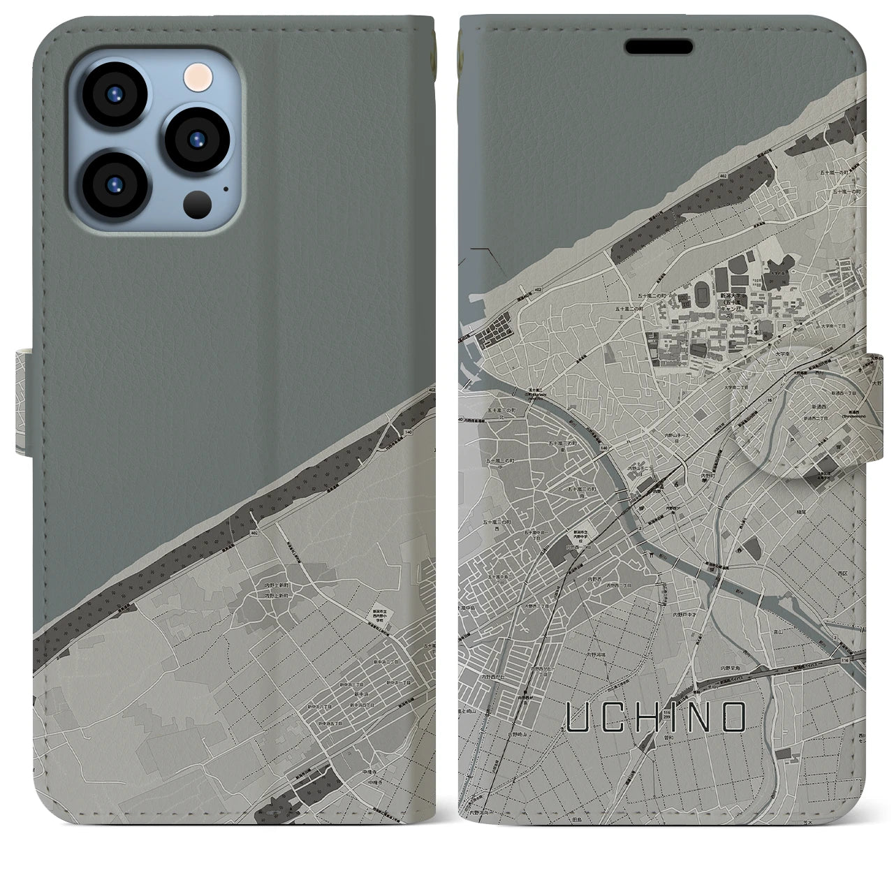 【内野(新潟県)】地図柄iPhoneケース(手帳タイプ)モノトーン・iPhone 13 Pro Max 用