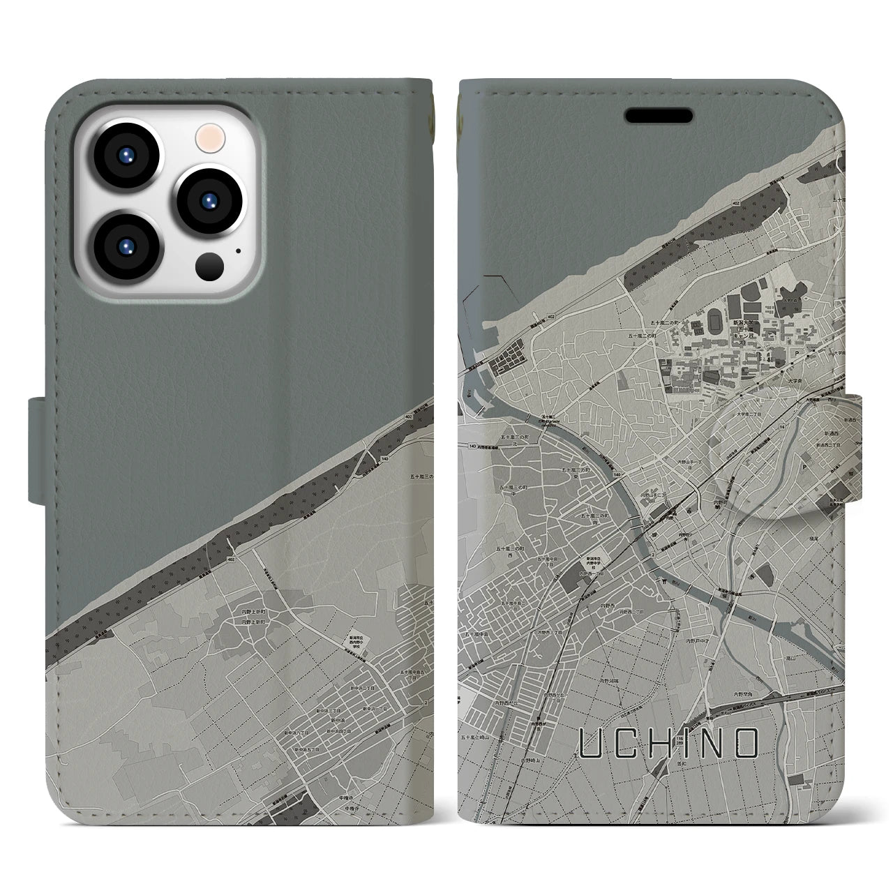 【内野(新潟県)】地図柄iPhoneケース(手帳タイプ)モノトーン・iPhone 13 Pro 用
