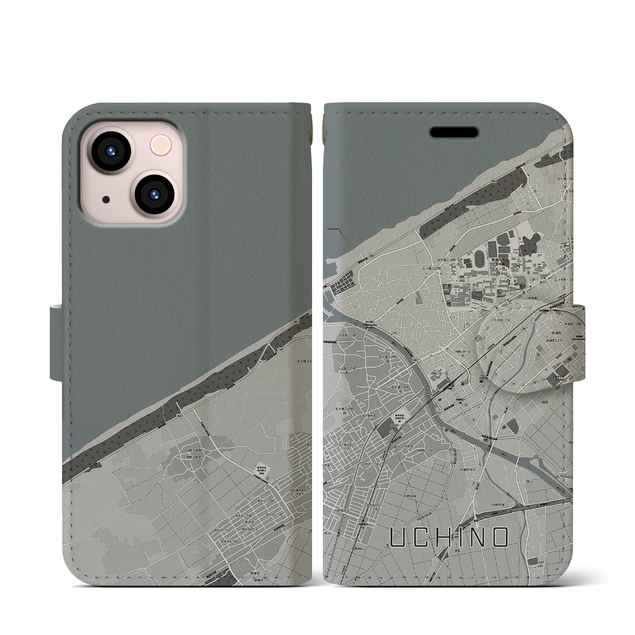 【内野(新潟県)】地図柄iPhoneケース(手帳タイプ)モノトーン・iPhone 13 mini 用