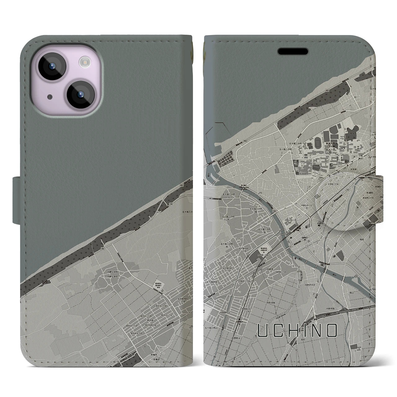 【内野(新潟県)】地図柄iPhoneケース(手帳タイプ)モノトーン・iPhone 14 用