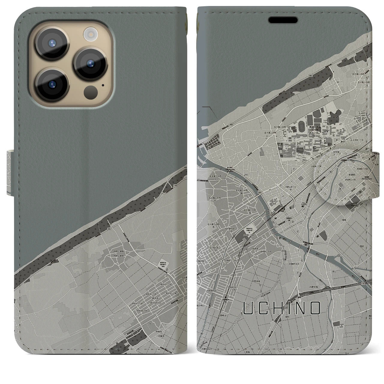 【内野(新潟県)】地図柄iPhoneケース(手帳タイプ)モノトーン・iPhone 14 Pro Max 用