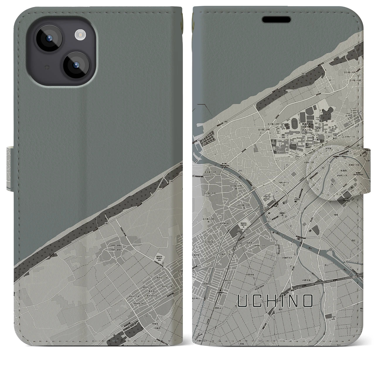 【内野(新潟県)】地図柄iPhoneケース(手帳タイプ)モノトーン・iPhone 14 Plus 用