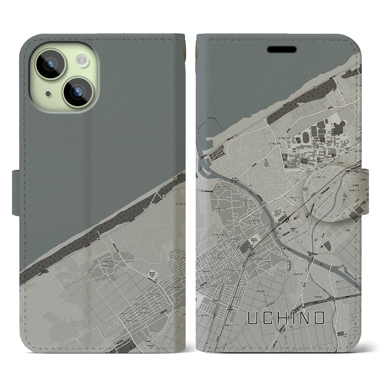 【内野(新潟県)】地図柄iPhoneケース(手帳タイプ)モノトーン・iPhone 15 用