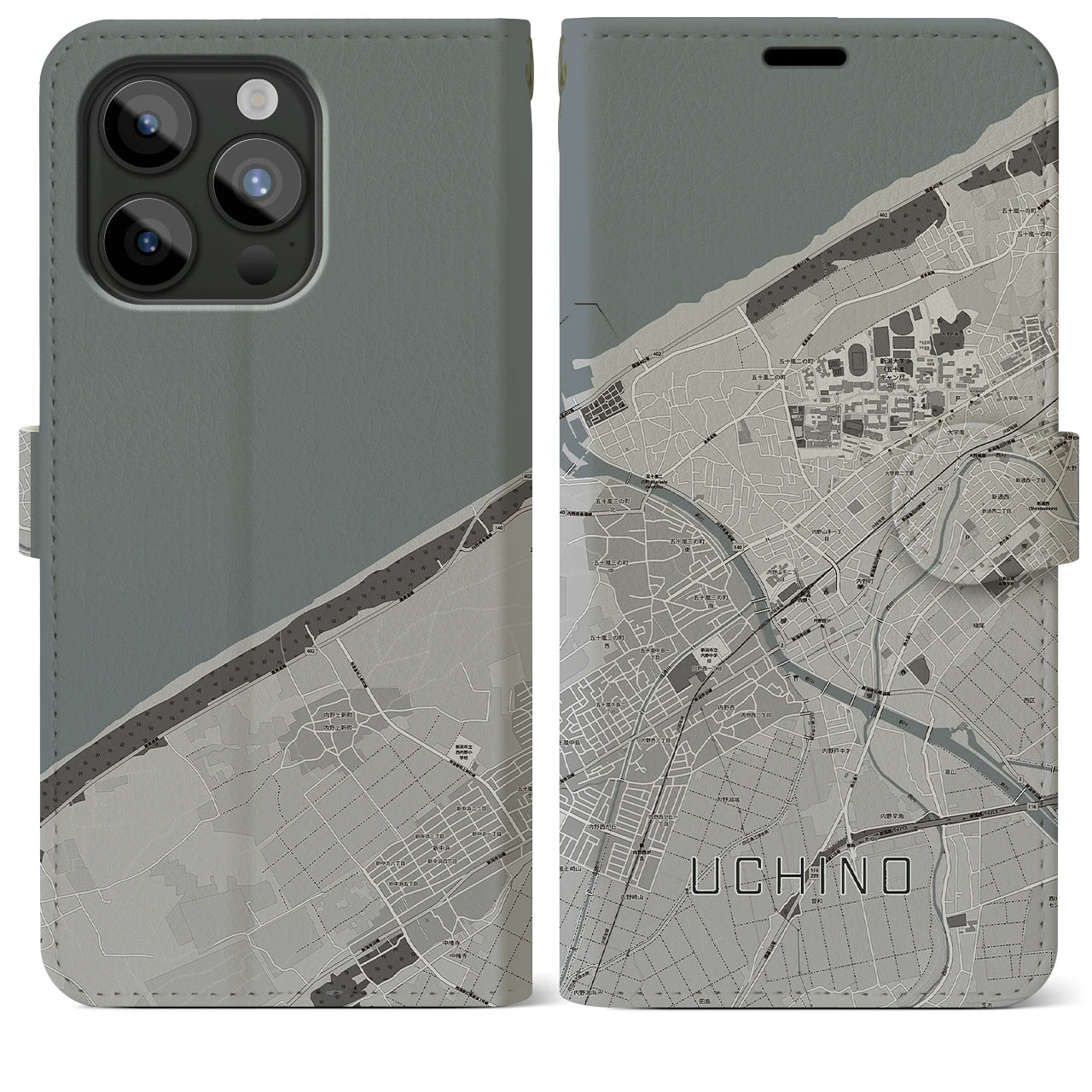 【内野(新潟県)】地図柄iPhoneケース(手帳タイプ)モノトーン・iPhone 15 Pro Max 用