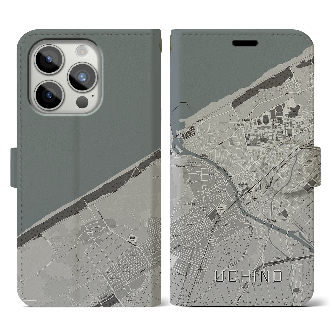 【内野(新潟県)】地図柄iPhoneケース(手帳タイプ)モノトーン・iPhone 15 Pro 用